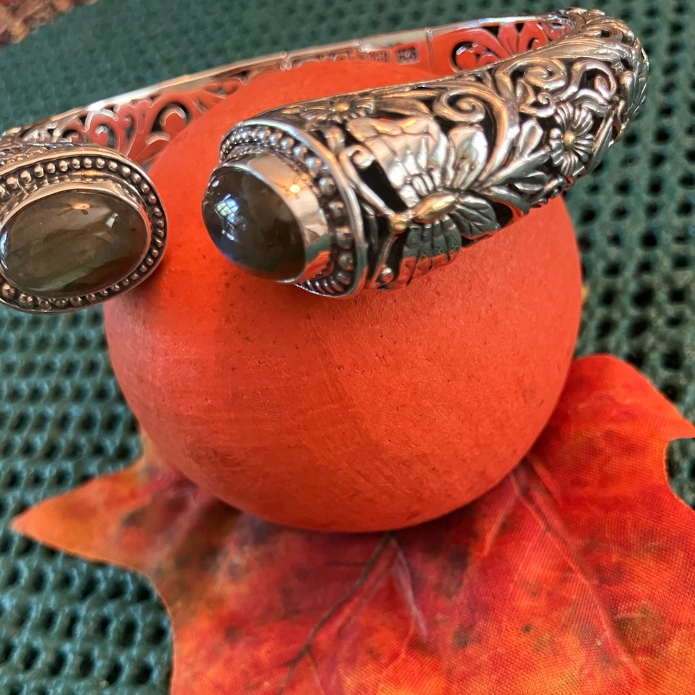 Samuel B Benham Labradorite Cabochons Ornate Bali Sterling 18K Cuff Bracelet